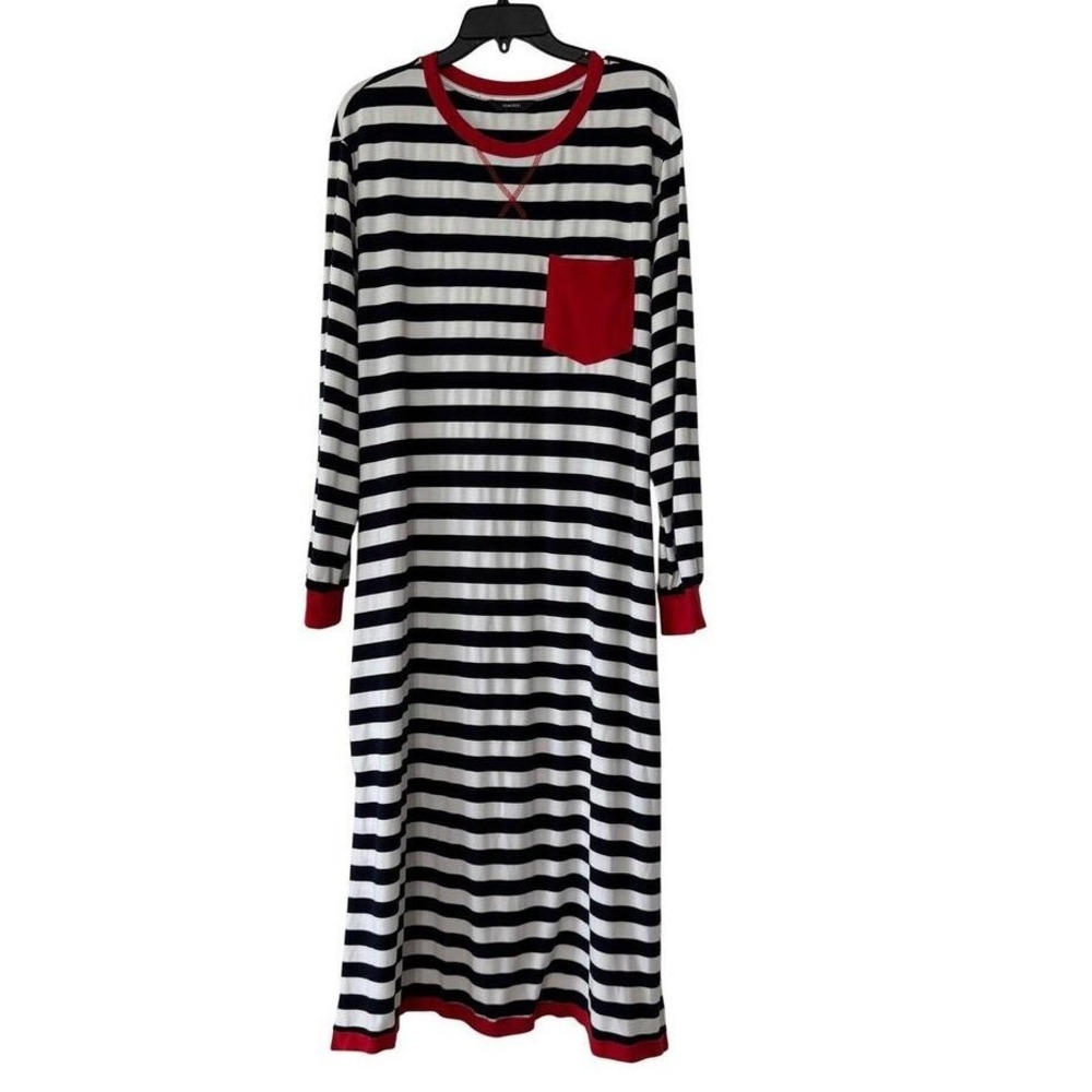 Dokotoo Striped Maxi Dress Long Sleeve Navy White Red Pocket XL